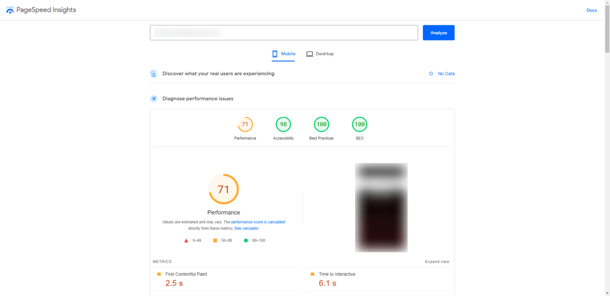 A sample scan from Google PageSpeed Insights. It shows users how their mobile website performed with regards to four factors. The site received a score of 71 out of 100 for Performance, 98 for Accessibility, 100 for Best Practices, and 100 for SEO.