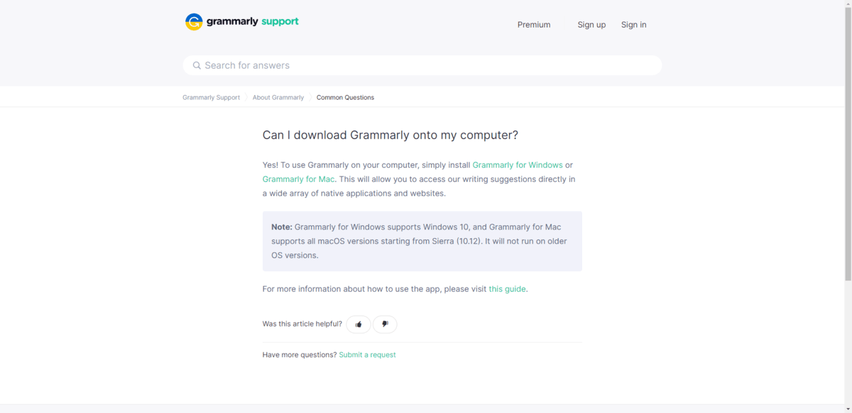 On the Grammarly Support/FAQs answer pages, a trail of breadcrumbs appears in the top-left corner. This allows there to be more space for longer, more technical answers to be presented to users.