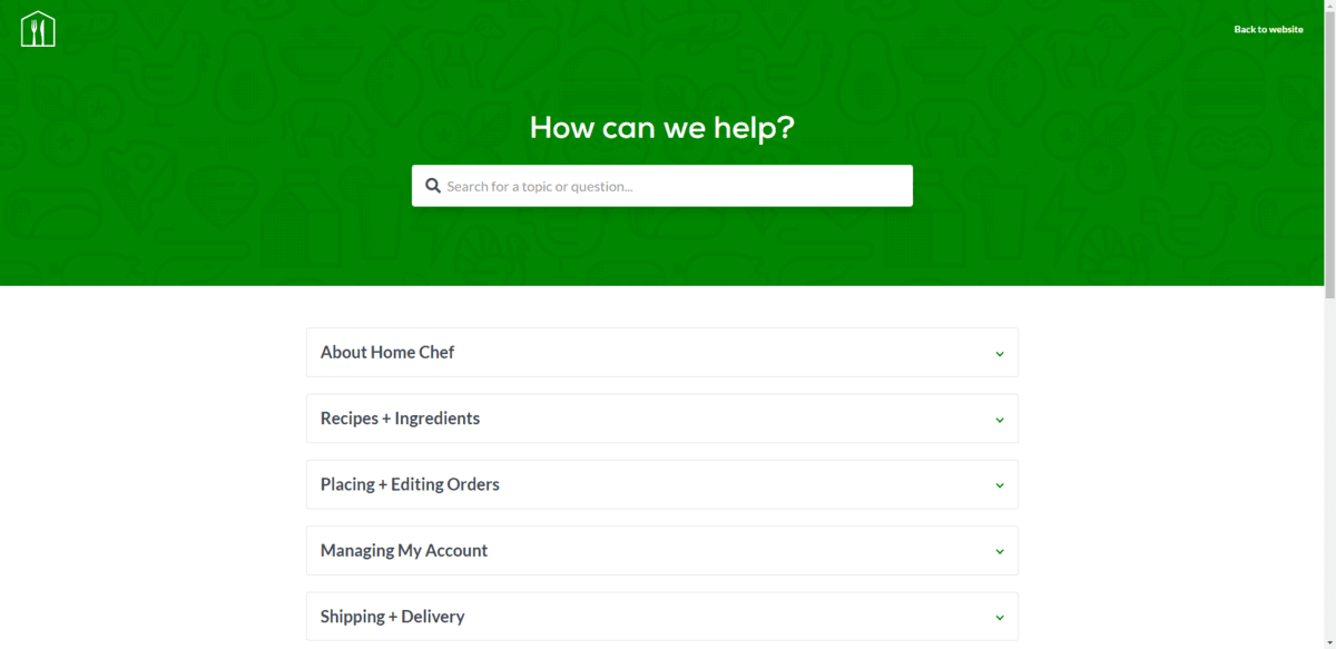 At the top of the Home Chef FAQs page is the question “How can we help?”. Directly below it is a search bar with text inside it that reads: “Search for a topic or question”