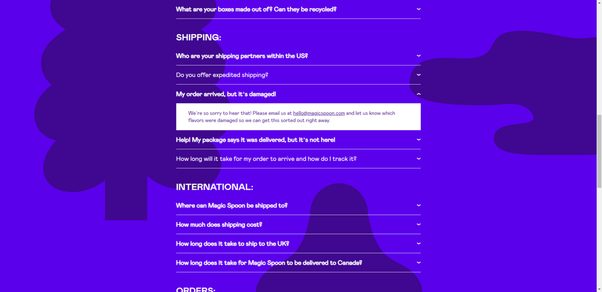 Magic Spoon’s FAQs page occasionally includes internal links within the responses. These links are styled with an underline so that they stick out from the normal text.