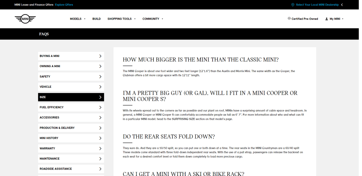 On the MINI USA FAQs page, each question is set to an H3 heading. This gives the question the appearance of being all-caps and about three times the size of the answer text beneath it.