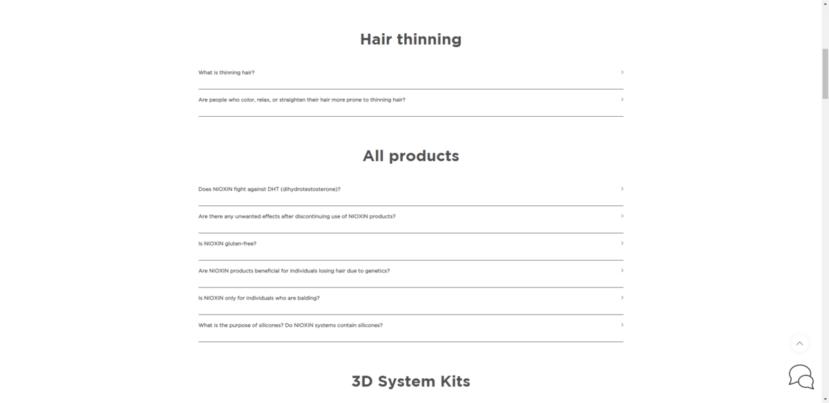 FAQs page for Nioxin. There are categories for Hair thinning, All products, and 3D System Kits. Under each category is a list of questions separated by thin lines. There is a right-facing arrowhead at the end up each line, letting visitors know that they can expand the point.