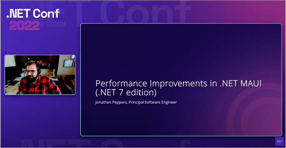 Screengrab of Jonathan Peppers beside his slide 'Performance Improvements in .NET MAUI