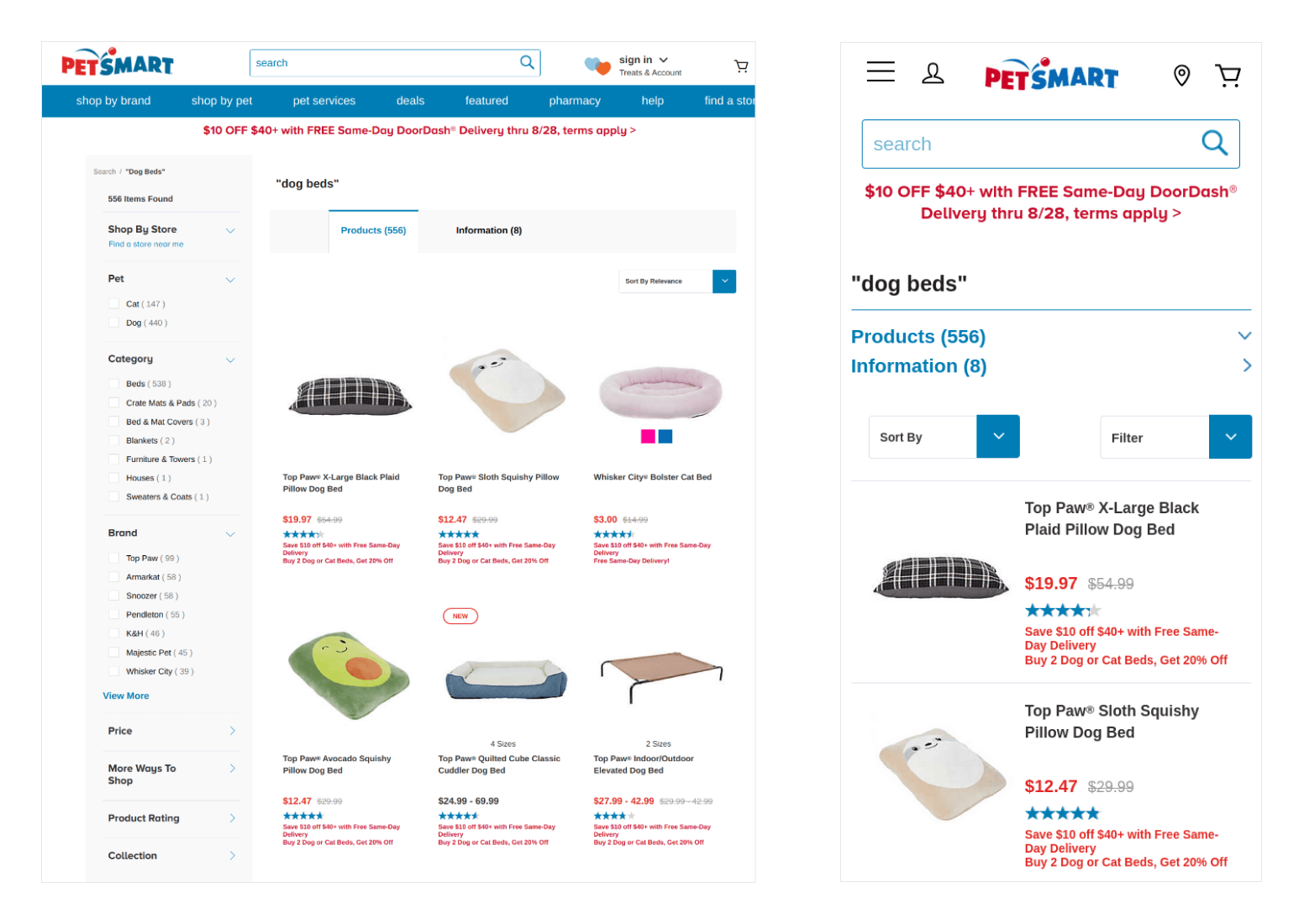 PetSmart website showing results for dog beds in desktop and mobile