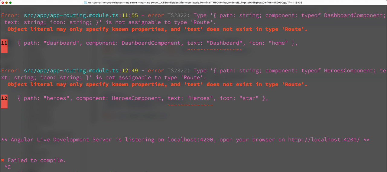 Object literal may only specify known properties, and 'text' does not exist in type 'Route'.