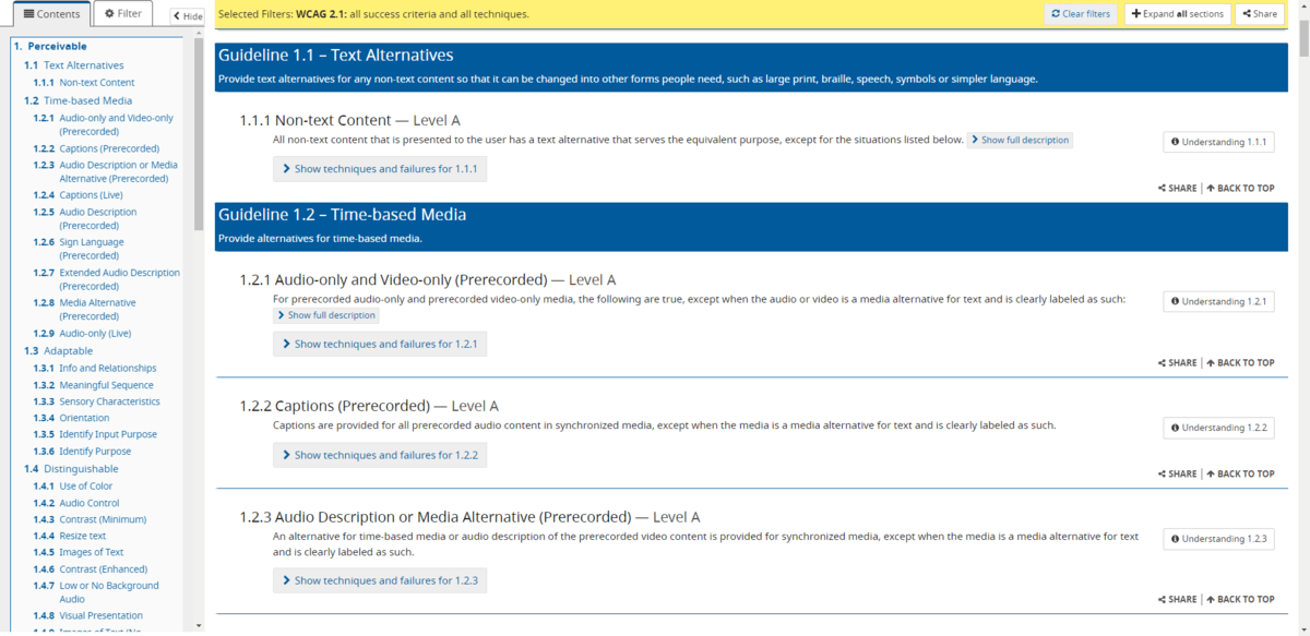 A list of the Web Content Accessibility Guidelines and the specific criteria that needs to be met in order to comply with Level A, Level AA, and Level AAA accessibility.