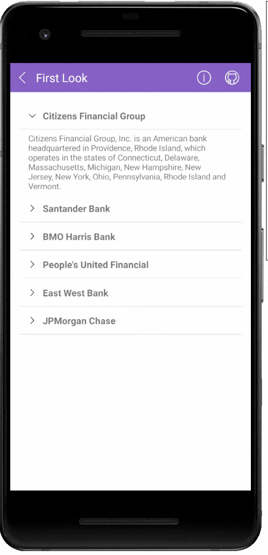 In a mobile financial app, the user clicks through different institution names, each time expanding a description and collapsing the previous selection