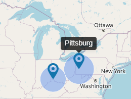 The section of the map that shows the two warehouses in the eastern US. The user has clicked on the easternmost warehouse which is displaying a black box above the marker that says Pittsburgh.