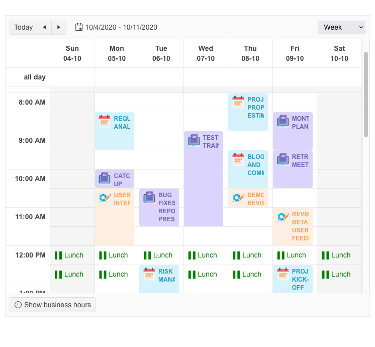 Calendar events have different colors and icons