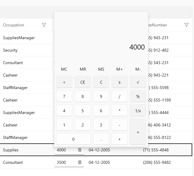 CalculatorPicker shows a calculator popover on a grid, where one of the columns includes a button to make calculations