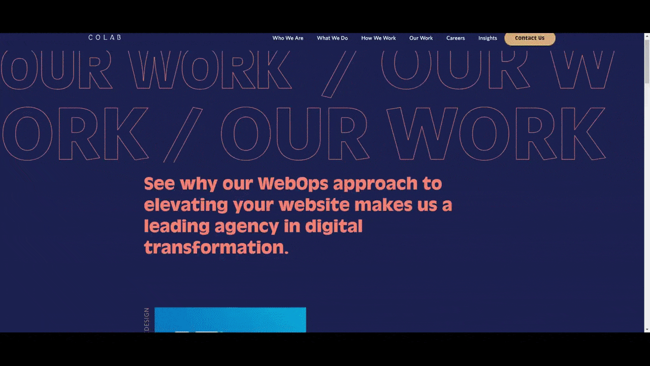 On the COLAB Case Studies page, we see headlines for: “Improving the YMCA member and administration experience”, “Empowering a beloved grocery business to more than double online orders”, “Distributing federal aid to those in need”, “Transforming A Website Into An Asset For All Departments”, and more.