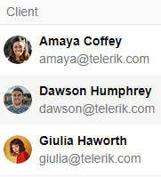 The table from above is condensed to one column under Client, with a small profile image, name, and email all tidily displayed together