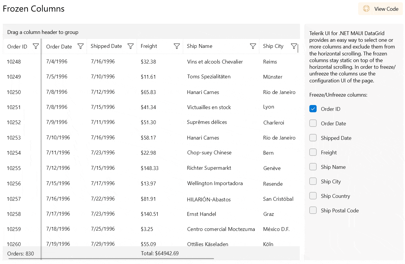 User can select multiple columns to freeze
