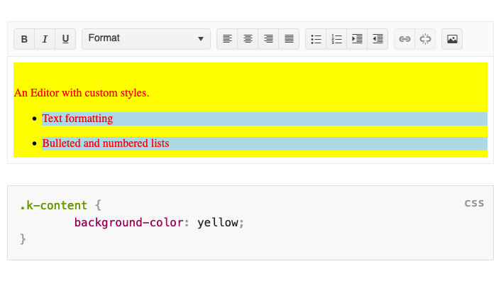 Editor has yellow background, and CSS reveals background-color: yellow