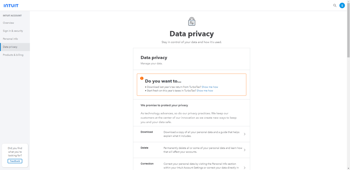 When Intuit users visit the data privacy page, they are able to Download, Delete, or Correct their data.