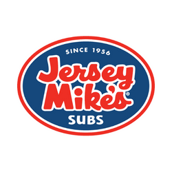 The logo for Jersey Mike’s is an emblem logo. The emblem is a bright red circle with a muted blue fill. Inside the seal are the words “Since 1956” on top”, big red “Jersey Mike’s handwritten lettering in the middle”, and “Subs” at the bottom.