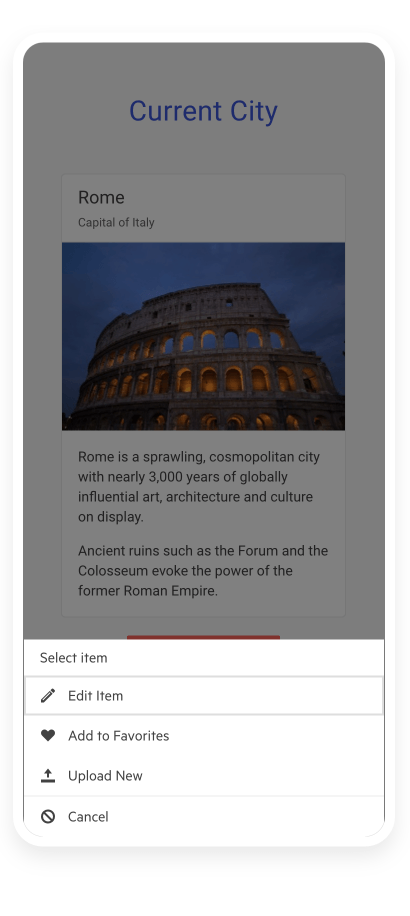 A display card about Rome is grayed out as the actionsheet menu is open on top of it with options: Select item, edit item, add to favorites, upload new, cancel