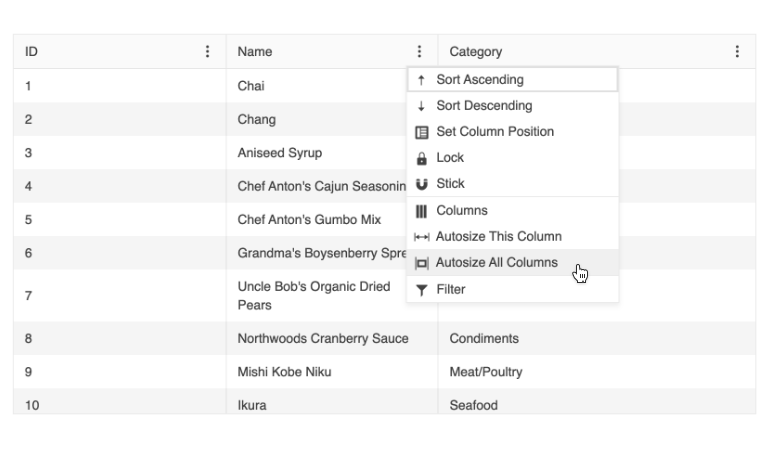 Grid with ID, Name, Category columns. Options for the column: Sort ascending, sort descending, set column position, lock, stick, columns, autosize this column, autosize all columns, filter