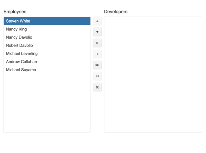 App has two boxes. One for employees, one for developers. The employee box has 7 names that can be added to the developer list.