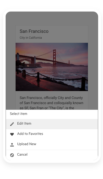 A display card about San Francisco is grayed out as the actionsheet menu is open on top of it with options: Select item, edit item, add to favorites, upload new, cancel