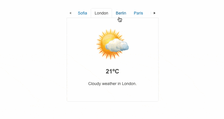 Weather app has scrollable tabs with city names