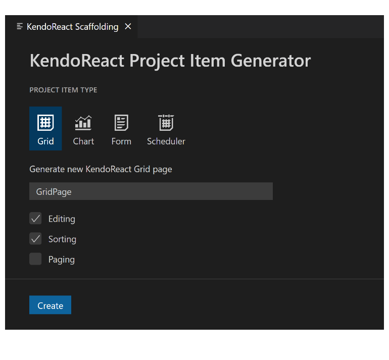 KendoReact Scaffolding shows Project Item Generator. Project type options include gird, chart, form, scheduler. Grid is selected. Options for editing, sorting, paging. Button for Create