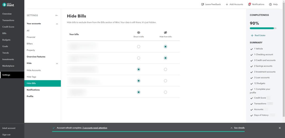 Mint users can go to the “Settings” tab to personalize which of their financial resources appear in their dashboard data results. In this tab, users can choose which of their Bills to show or hide.