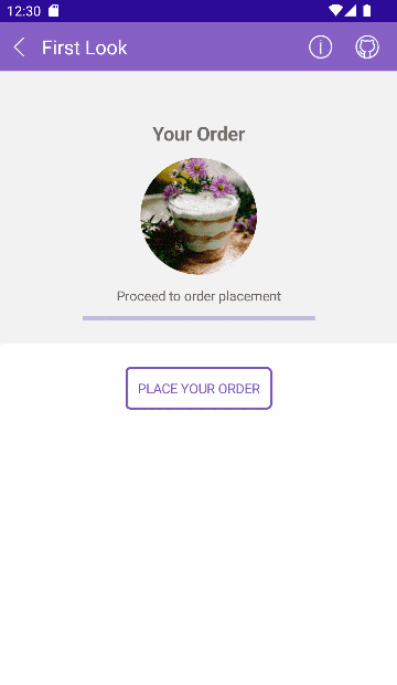 A restaurant app has a progress bar for 'placing your order' that fills and then has a button for 'place another order'