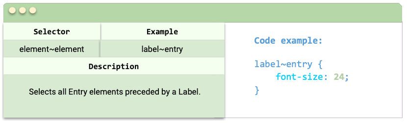 Selector: element~element,  Example: label~entry, Description: Selects all Entry elements preceded by a Label., Code example: label~entry { font-size: 24; }