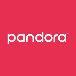 The logo for Pandora is a wordmark. It is all white lowercase lettering that reads “pandora” and it’s followed by a tiny trademark symbol.