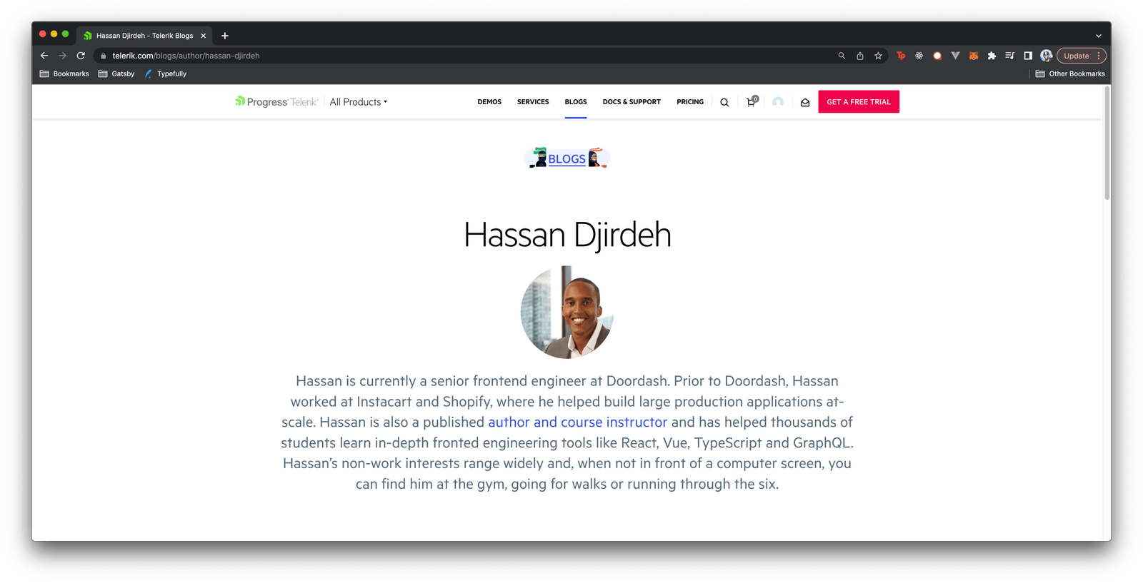 Hassan Djirdeh's author profile page on the Progress Telerik website