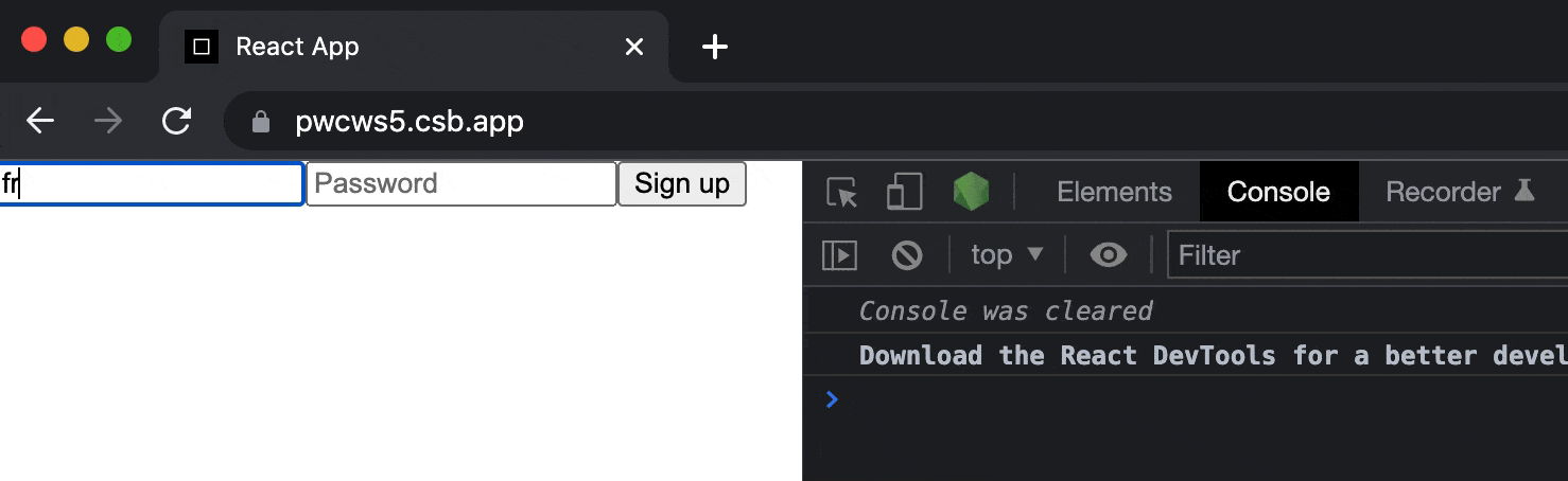 The console is open, showing the message 'logging this before navigate' between the user clicking the sign up button and the URL updating