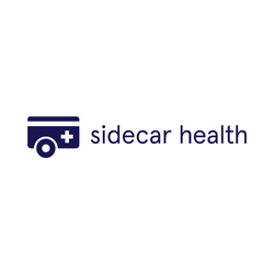 The logo for Sidecar Health is simple in design. It has a dark blue graphic of a sidecar with a health cross on its side. Next to it are the words “sidecar health” in all lowercase.