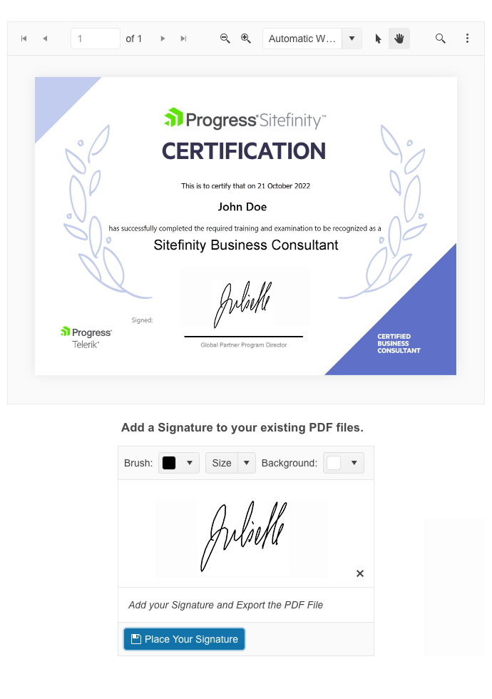 A certificate has a space for global partner 's signature. The Signature component allows the user to add their signature to the PDF. 