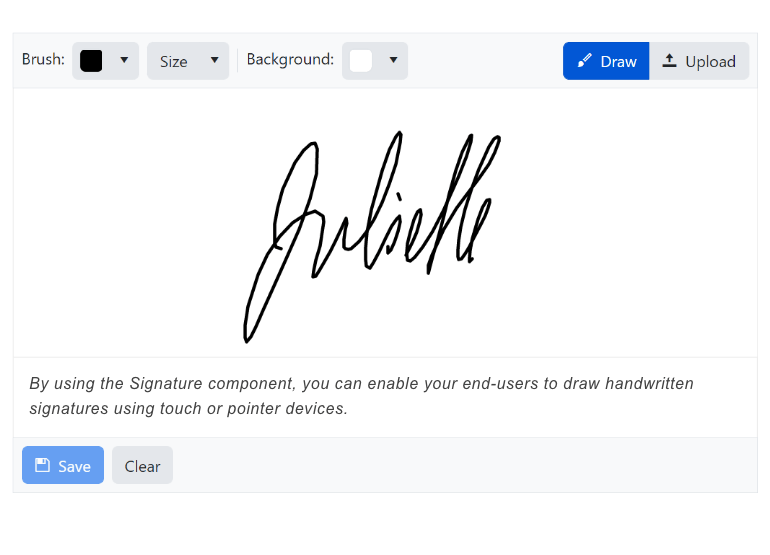 Signature component with options for brush, size, background, draw or upload, save, clear