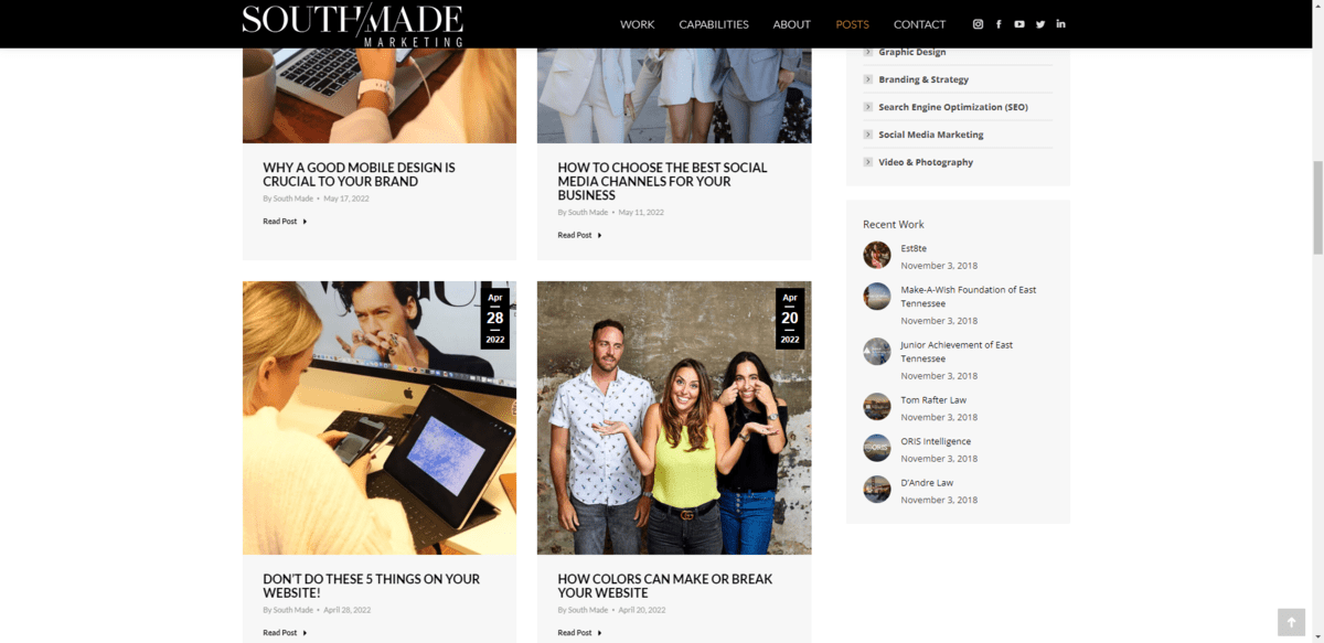A screenshot from the South Made blog page. We see headlines for four blog posts: “Why a Good Mobile Design Is Crucial to Your Brand”, “How to Choose the Best Social Media Channels for Your Business”, “Don’t Do These 5 Things on Your Website?”, “How Colors Can Make or Break Your Website”.