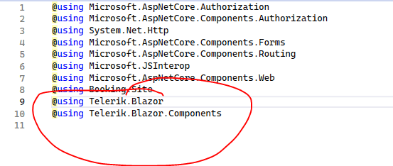 @using statements include Telerik.Blazor and Telerik.Blazor.Components