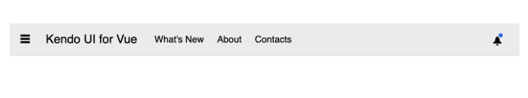 AppBar shows a navigation bar with hamburger menu icon, Kendo UI for Vue, What's New, About, Contacts, and a notifications icon