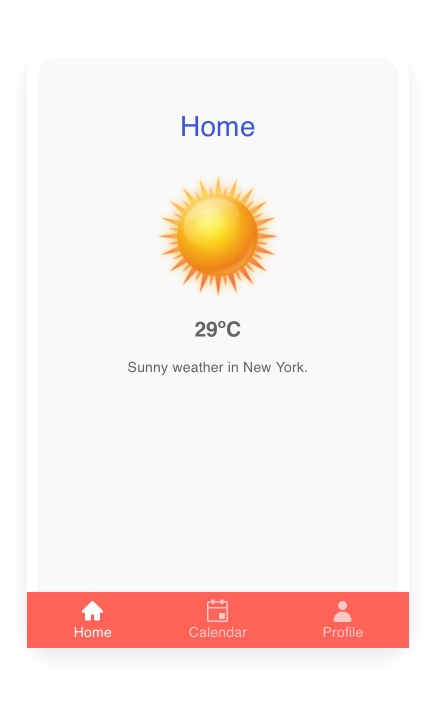 A weather app has the navigation bar on the bottom with home, calendar, profile