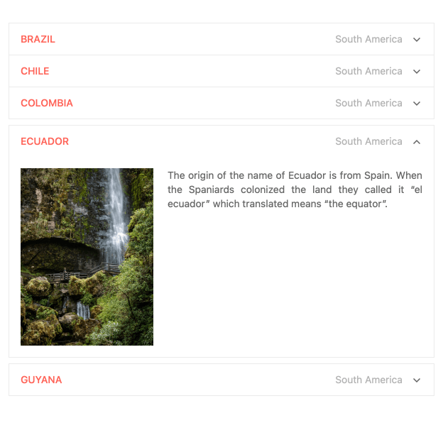 Brazil, Chile, Colombia, Ecuador, and Guyana each has its own cell with a down arrow on the right. Ecuador has been expanded, so its arrow points up for collapsing. Its cell has been expanded to a box that includes an image with a waterfall and a short paragraph about the country