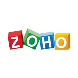 The Zoho logo is an original combination mark. The letters “ZOHO” are each contained within colorful blocks. The 3D shapes sit at angles against and in front of/behind one another.