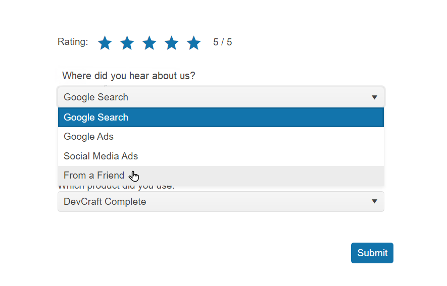 Form for rating has filled in 5/5 stars and dropdown asking where did you hear about us has options for google search, google ads, social media ads, from a friend