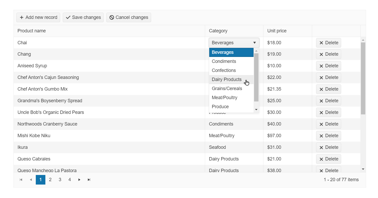 Grid of products has dropdown under category with options like beverages, condiments, etc.