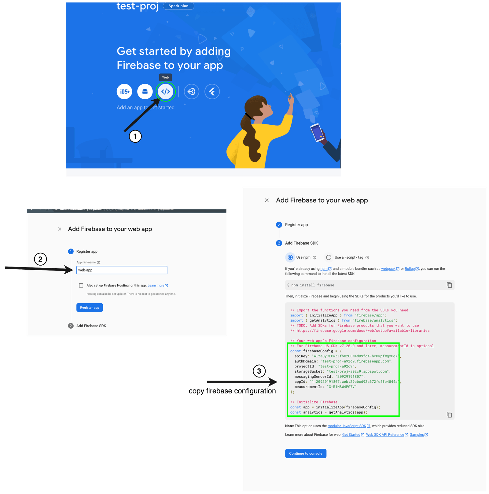 1 Web icon with code icon. 2 Register app name. 3 copy firebase configuration