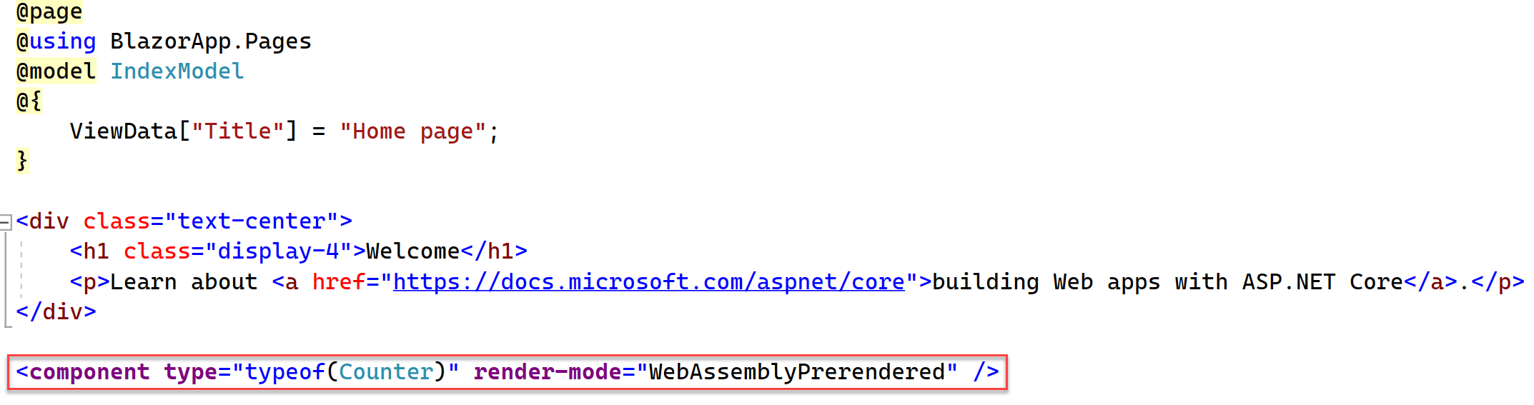 A portion of the code window for Index.cshtml displays with the above markup highlighted.