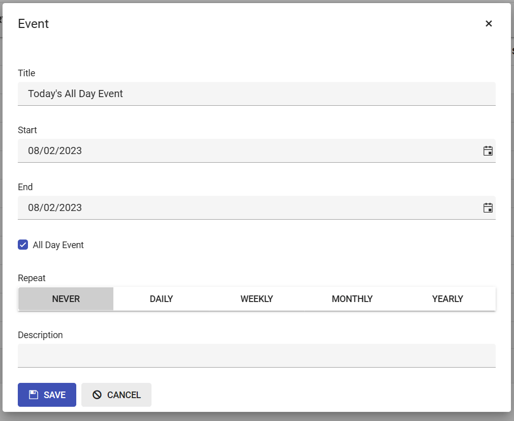 A form with several fields for adding a new entry to a calendar, including Title, Start DateTime and End DateTime, plus options to mark the event as being All Day and to repeat the entry