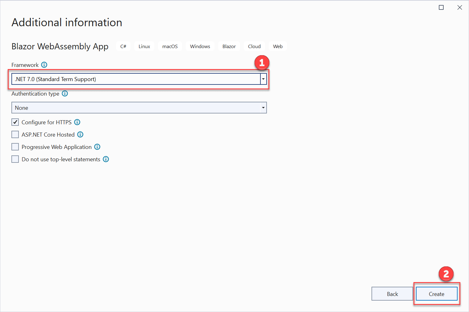 Additional information 对话框显示，其中选择了 .NET 7.0 作为框架，Create 按钮突出显示。