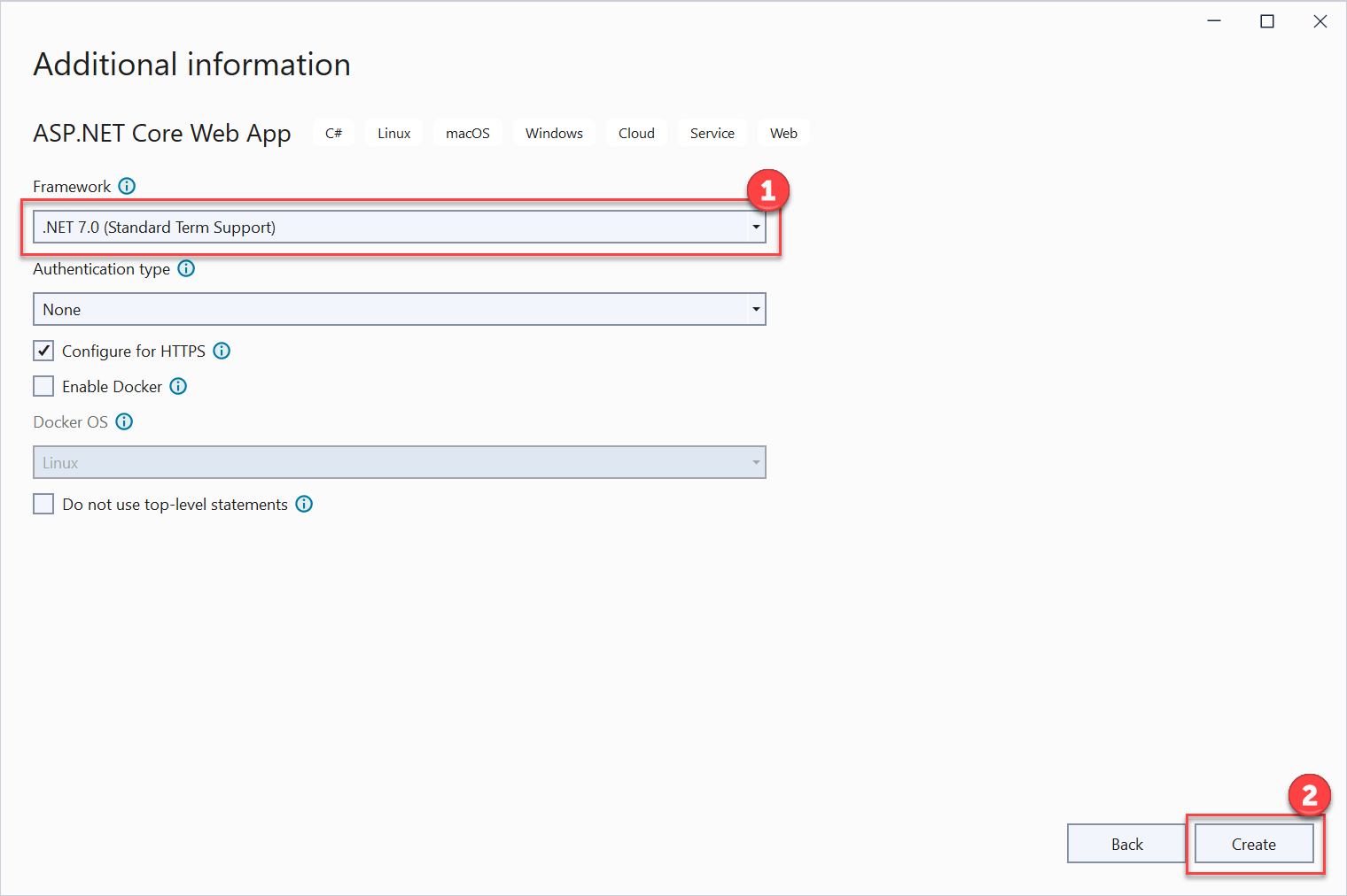 Additional information 对话框显示，其中选择了 .NET 7.0 作为框架，Create 按钮突出显示。