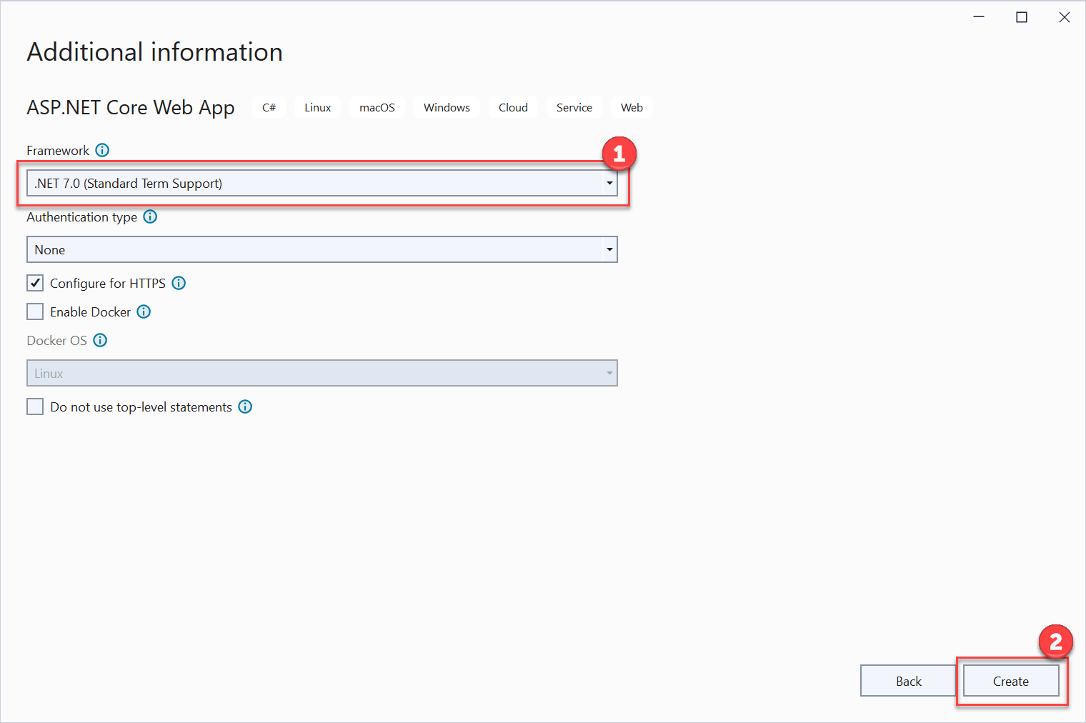 The Additional information dialog displays with .NET 7.0 selected as the framework and the Create button is highlighted.