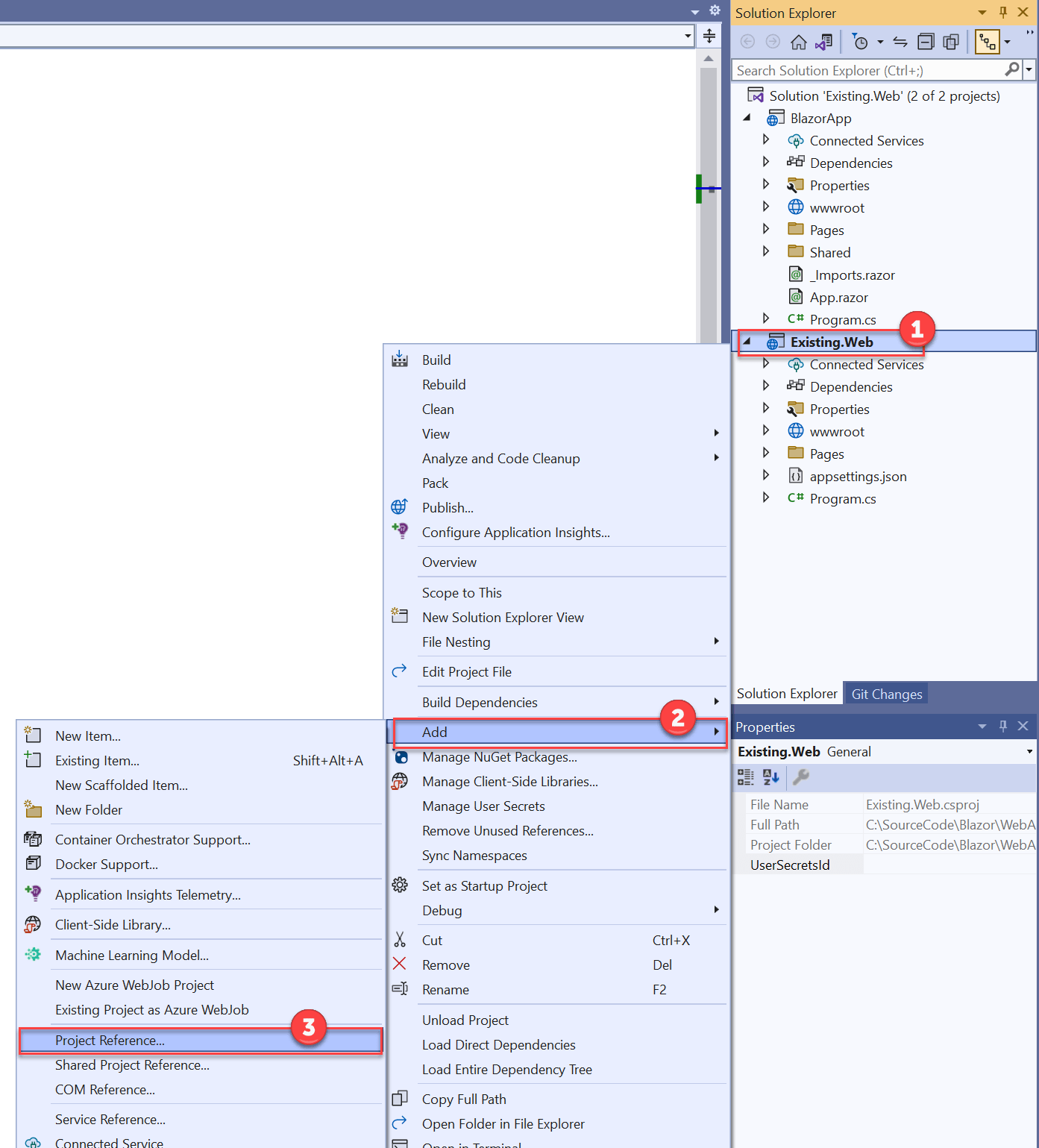The context menu for the Existing.Web project displays with the Add item expanded and the Project reference item selected.